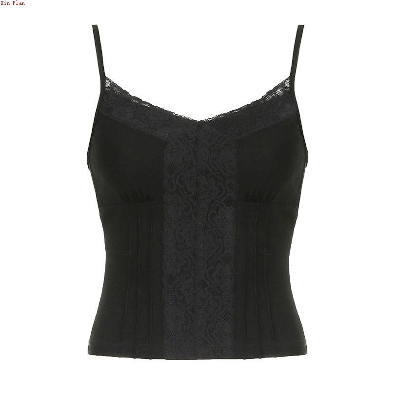 辣妹性感紧身蕾丝V领分割线吊带上衣小背心Lace V-neck strap top - 图3