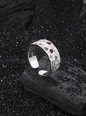 925纯银彩钻星空戒指女蓝宝石银聆手工流星雨戒魔ins潮食指戒抖音