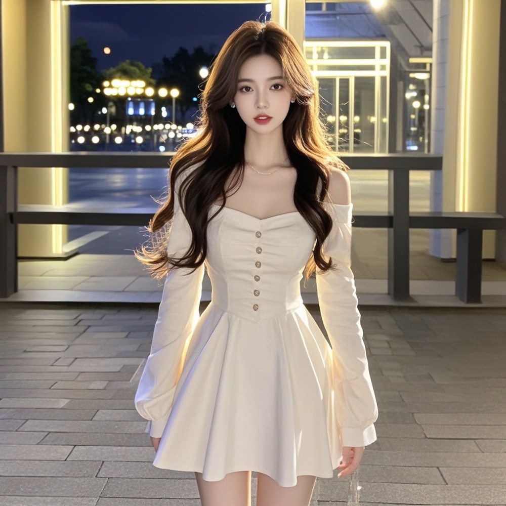 2026秋季新款一字肩吊带长袖连衣裙气质优雅显瘦a字裙御姐风裙子,淘宝优惠券,粉丝福利购,淘宝优惠卷