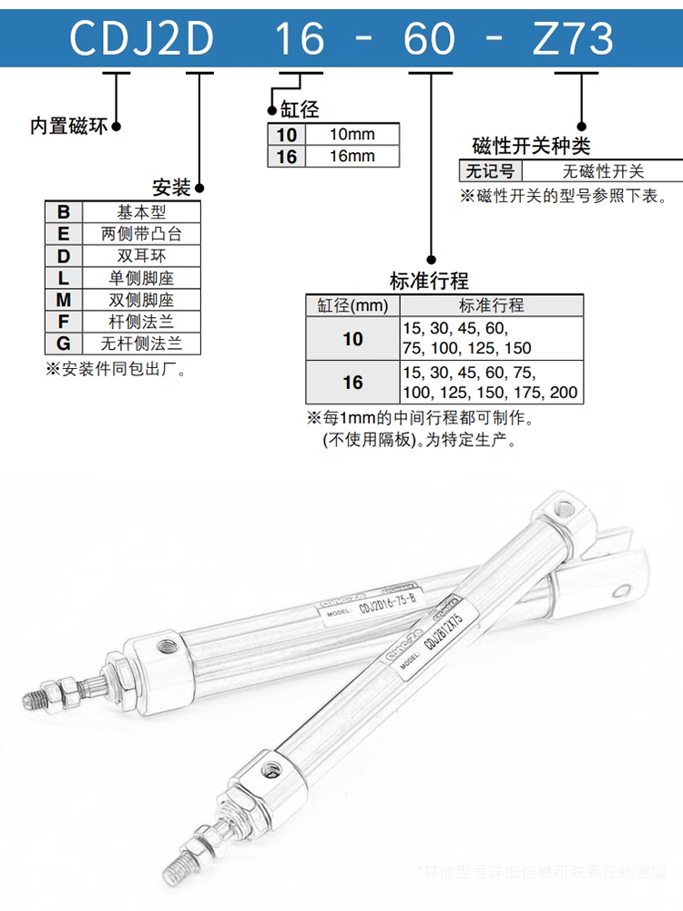 小型气动笔型不锈钢迷你气缸CDJ2B12-5/10*15/20/25/30/35/40/45B - 图2