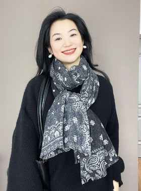 高级感！黑灰色腰果棉麻围巾女秋冬时尚护颈保暖厚围脖披肩两用