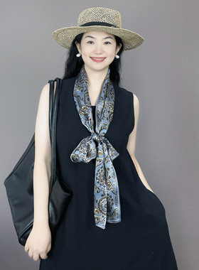 佩斯利老钱风蓝色真丝丝巾女长条轻奢高级感桑蚕丝双面领巾围巾