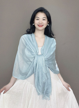 豆青色棉麻围巾防晒披肩外搭女2026新款夏季薄款配裙子纯色丝巾
