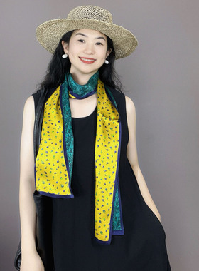 蓝黄拼色100%真丝长条丝巾女桑蚕丝轻奢高级感护颈小围巾飘带领巾