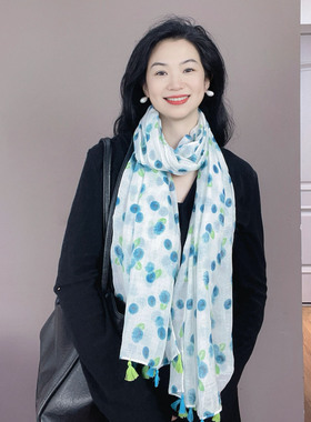 白色蓝波点围巾女冬季高级感春秋薄款棉麻保暖围脖披肩两用丝巾