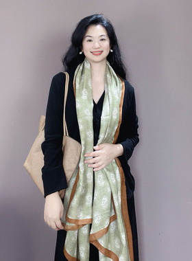 豆青色腰果花纹围巾女士冬季高级感显白春秋棉麻保暖围脖披肩两用