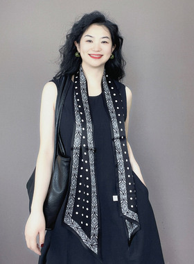 高端！黑色波点长条真丝丝巾女100%桑蚕丝高级感系脖飘带围巾领巾