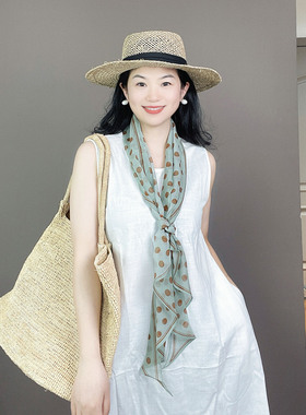 轻奢高级感！豆青色波点乔其纱真丝丝巾女100%桑蚕丝长条飘围巾