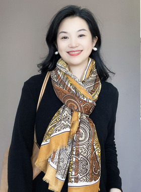 黄色腰果花围巾女冬季2026新款高级感春秋冬薄款棉麻复古保暖围脖