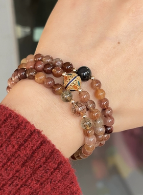 石头的日记  发丝细腻分明天然彩发晶三圈沙金镂空珠黑金超七手串