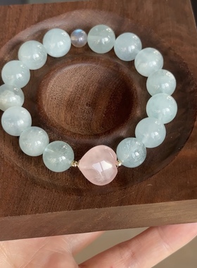 石头的日记  天然海蓝宝粉水晶爱心拉长石手串 蓝色的海