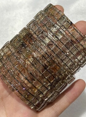 原石打磨黑金超发晶手排黑加仑铜发晶超七云母片水晶手牌情侣饰品