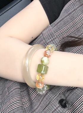 【元气果盘】原创天然岫玉红胶花黄胶花太阳石手串春日显白手链