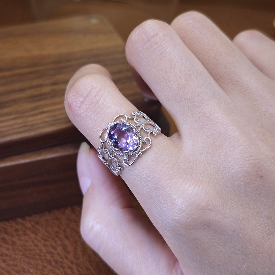Cross-mirror new European and American hollow natural amethyst ring Retro palace style ring natural stone ring