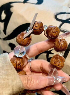 雕刻桃核手持手串 白水晶星月菩提国风木质手链