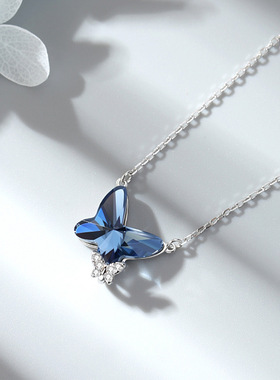 蝶舞翩翩水晶女925纯银项链轻奢高级感镶钻蝴蝶吊坠颈链胸链饰品