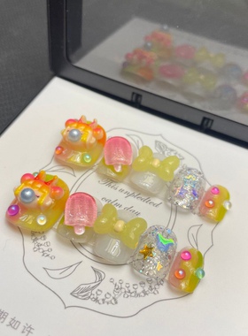 清货款纯手工穿戴甲美甲片美甲贴片公仔泡泡女孩无名指亮片随机哦