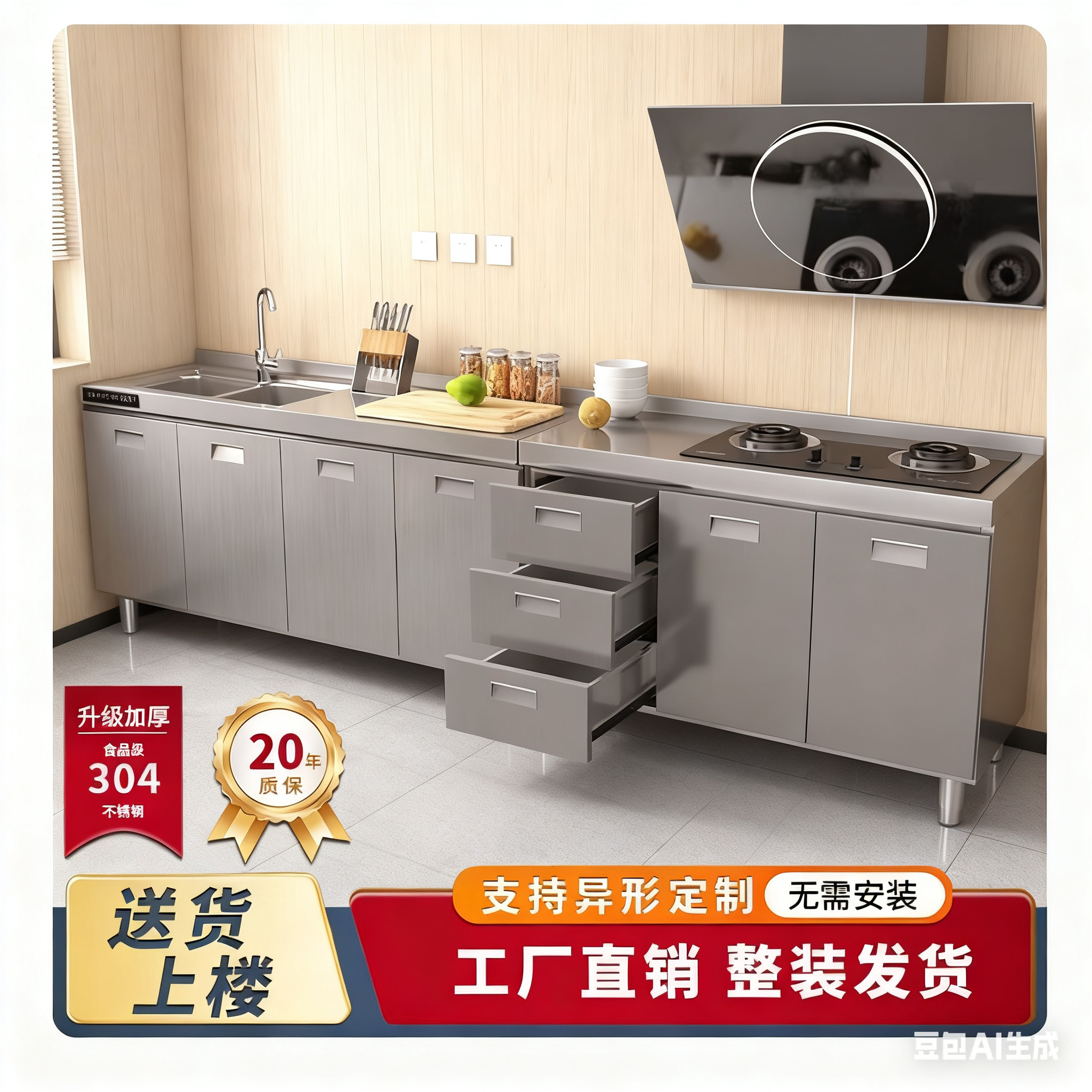 不锈钢厨房橱柜灶台一体不锈钢橱柜厨房整体橱柜家用拉篮厨房橱柜,淘宝优惠券,粉丝福利购,淘宝优惠卷