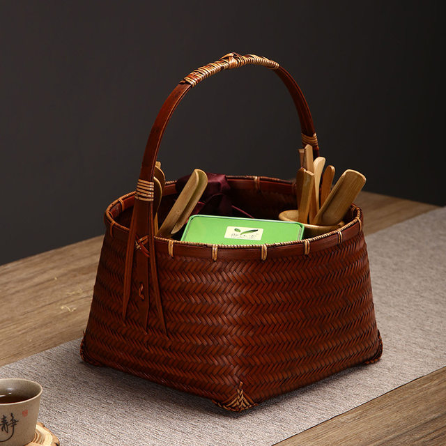 Retro bamboo weaving handbasket tea set fruit storage basket