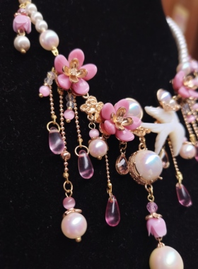 一梦星河/原创设计汉服配饰古风粉色蝶贝燕子流苏软璎珞项链