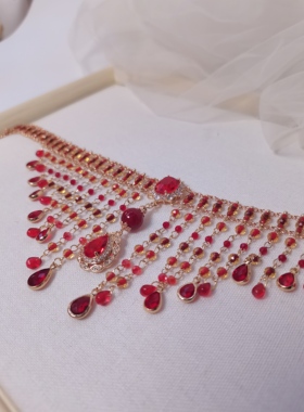 一梦星河/原创设计复古风红色宝石重工流苏项链国风礼服拍照项链