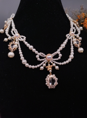 原创珍珠蝴蝶结洛丽塔复古锁骨链项圈仙气多层手作项链