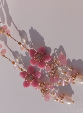 孤品/一梦星河/原创设计复古风粉色花朵流苏耳环国风重工耳环