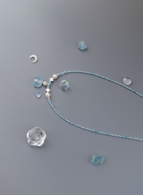 原创浅蓝色锆石珍珠项链天然石海蓝宝原石国风民族风璎珞