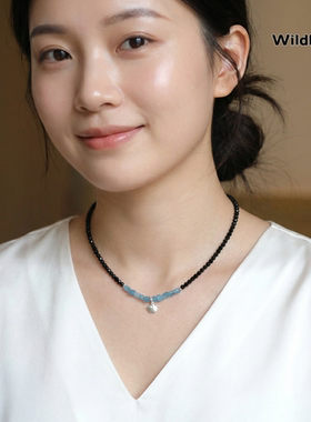 天然黑曜石海蓝宝原石银小羊项链