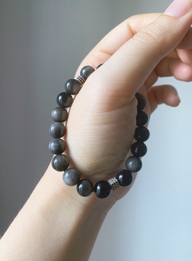 银曜石黑曜石陨石黑发晶天然水晶黑色手串手链中性男女朋友礼物银