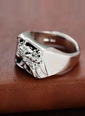 纯银男士戒指999足银方形玛瑙镶嵌男戒龙虎个性霸气中食指潮开口