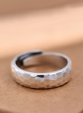 情侣款999足银复古手工锤纹戒指