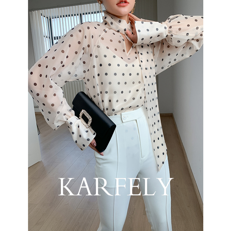 KARFELY/ 设计师款重磅真丝乔其纱长袖衬衫 波点长飘带桑蚕丝衬衣 - 图1