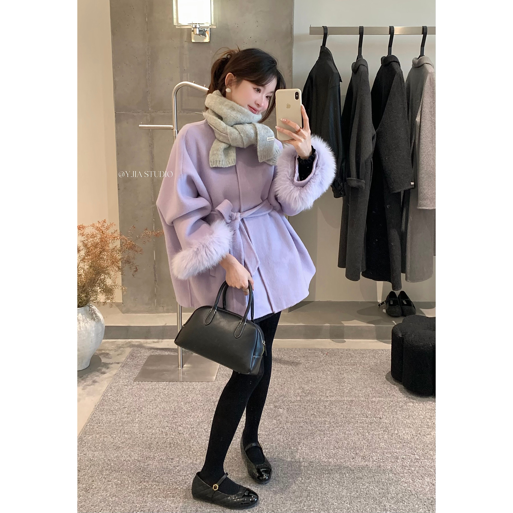 Y.JIA 伊嘉法式千金风高级感中长款系腰带斗篷狐狸毛羊毛大衣外套,淘宝优惠券,粉丝福利购,淘宝优惠卷