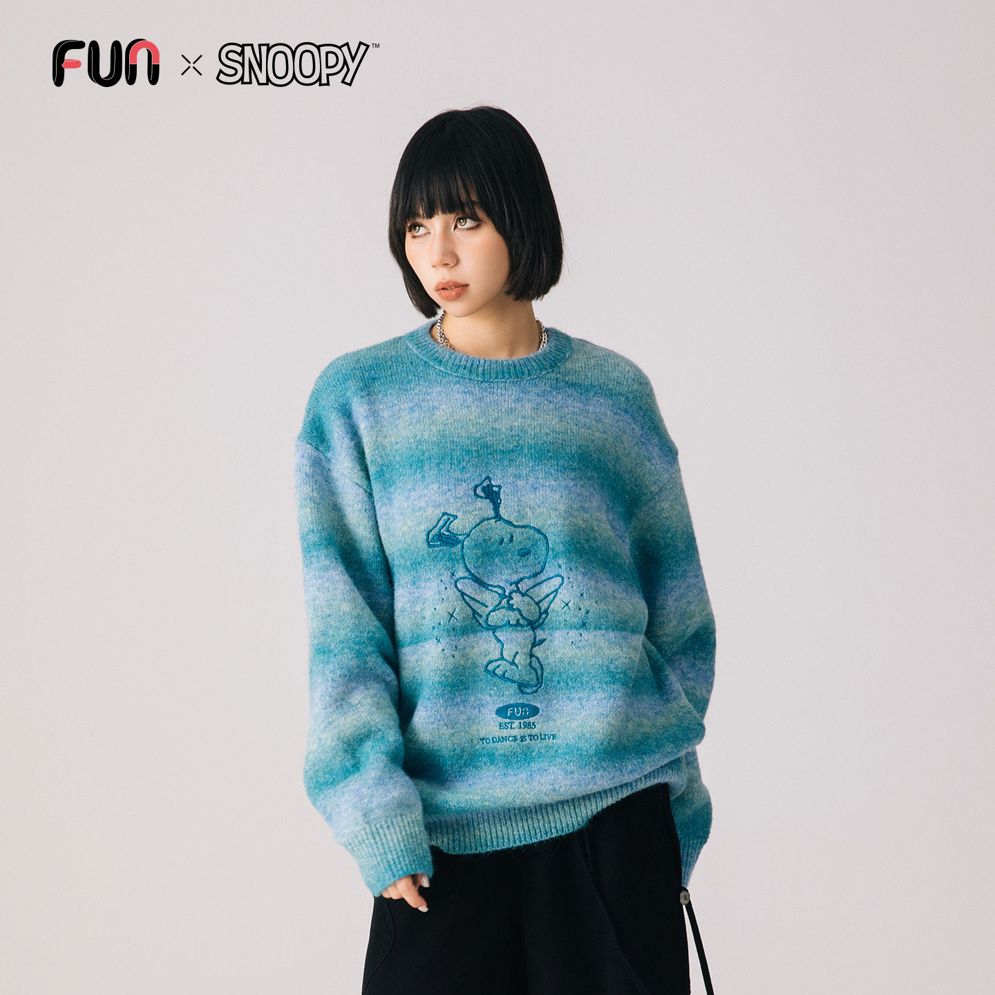 Fun2025秋冬季史努比联名绵羊毛渐变条纹宽松套头毛衣男女同款 - 图1