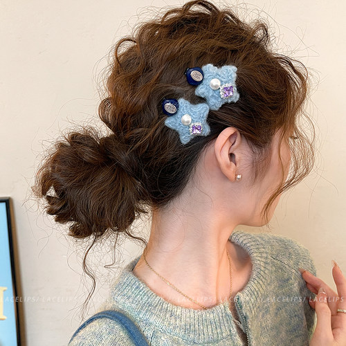 闪钻珍珠星星毛绒发夹女可爱边夹侧边刘海夹2025新款发卡前额头饰 - 图3