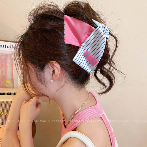 韩系布艺条纹撞色抓夹女高级感2026新款三角鲨鱼夹盘发夹子发饰春 - 图0