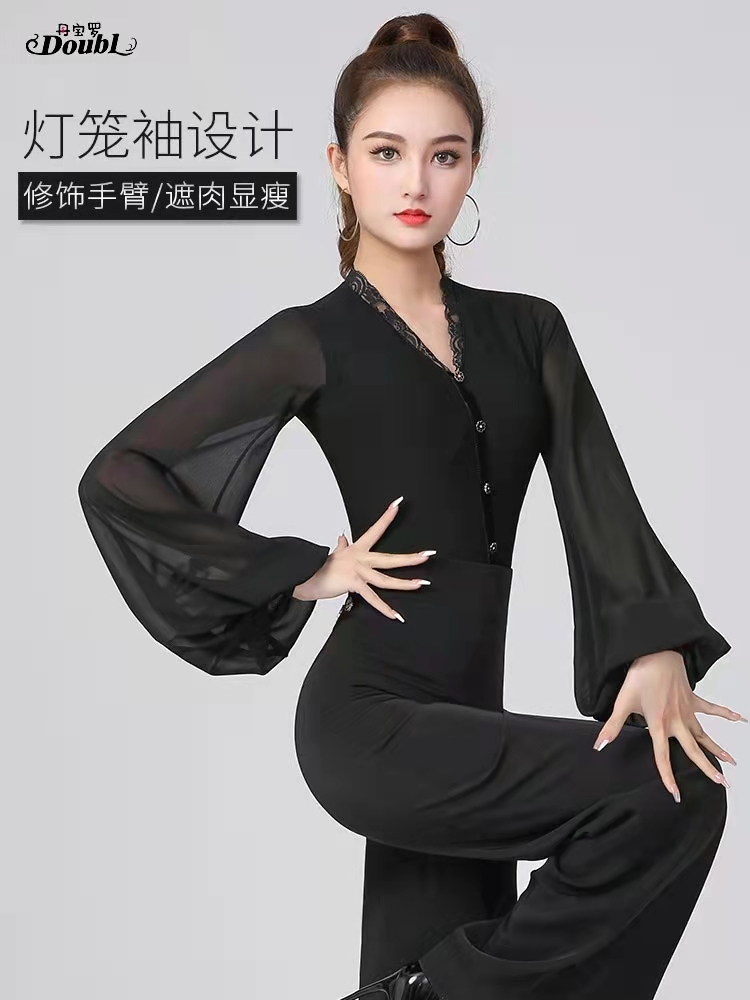 丹宝罗摩登舞上衣女V领灯笼袖连体国标衣服高级华尔兹舞蹈服舞衣-图1