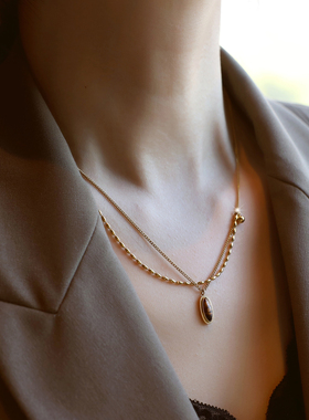 ZOXI双层虎眼石水滴项链配饰女款