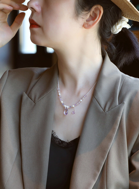 ZOXI新中式紫色水晶水滴项链女款