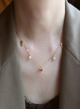 ZOXI红色爱心珍珠流苏项链配饰女