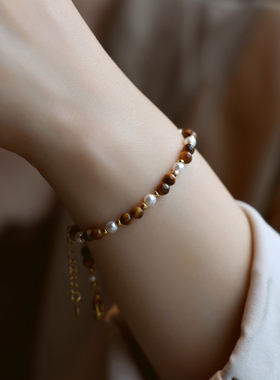 ZOXI高颜值的叠戴虎眼石珍珠手链