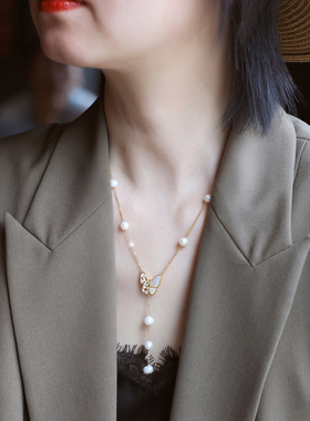 ZOXI天然珍珠蝴蝶项链毛衣链