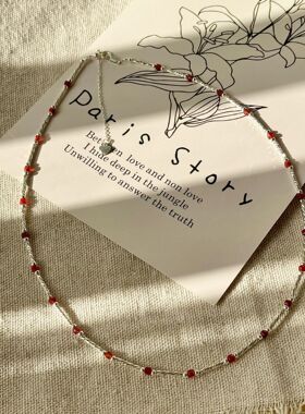 红玛瑙黑尖晶锁骨链S925纯银串珠