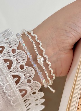 s925纯银珍珠弹力波纹小众手链女