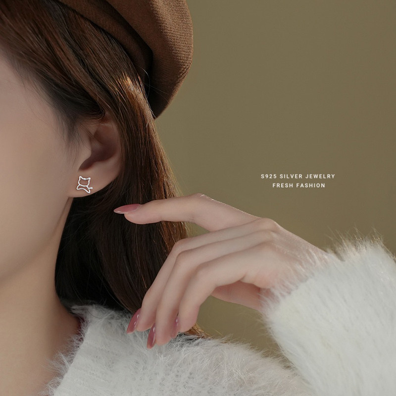 s925银可爱镂空小猫耳钉女纯银卡通小动物银饰小巧精致日常耳夹,淘宝优惠券,粉丝福利购,淘宝优惠卷