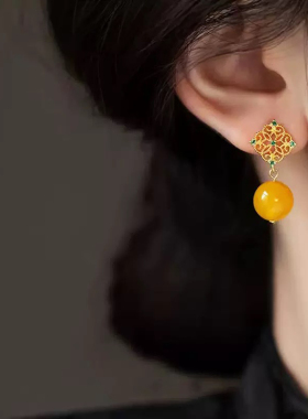 MaroMeko复古黄色圆珠窗花耳坠