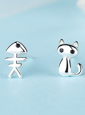 MaroMeko猫咪鱼骨不对称耳钉