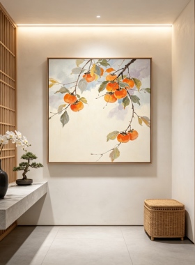 原创大芬村手绘油画柿子水果主题玄关装饰画中古风带框画艺术感