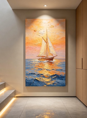 原创手绘油画大芬村简约现代客厅玄关装饰画一帆风顺帆船海景挂画